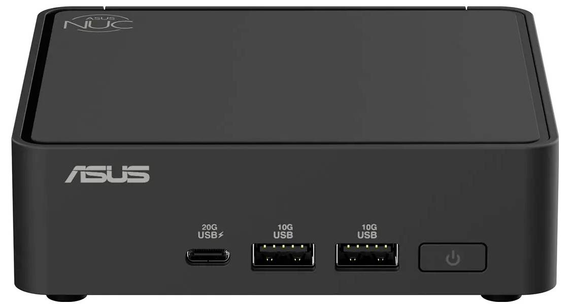 Ein kompakter schwarzer Asus NUC Mini-PC mit Anschlüssen an der Vorderseite: 20G USB-C, zwei 10G USB-A und einen Einschaltknopf.