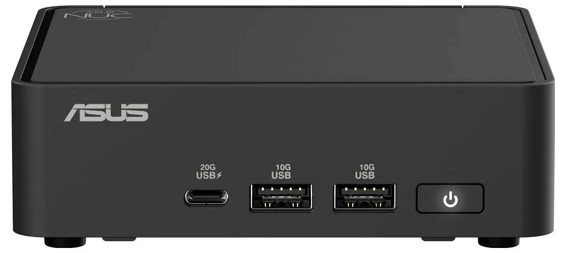 Ein kleiner schwarzer ASUS Mini-PC mit Anschlüssen, die mit '20G USB', '10G USB' beschriftet sind, und einem Einschaltknopf an der Vorderseite.