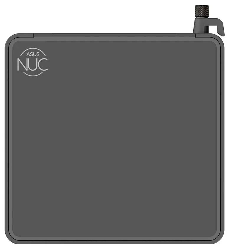 Ein kompakter ASUS NUC-Computer aus der Draufsicht, mit einem dunkelgrauen Gehäuse und einer kleinen Antenne in der oberen rechten Ecke.