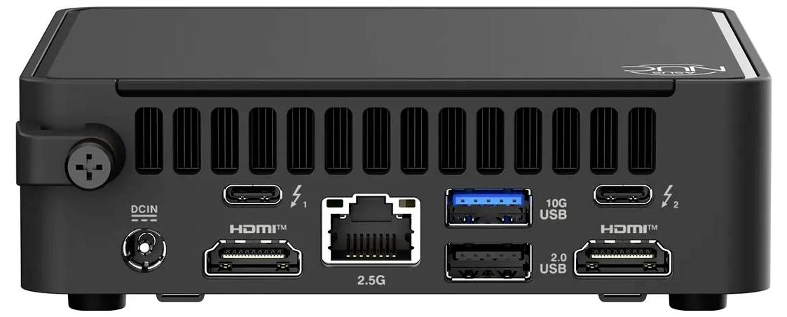 Rückansicht eines kompakten schwarzen Computers mit verschiedenen Anschlüssen, darunter zwei HDMI-Ports, drei USB-Anschlüsse, ein Ethernet-Anschluss und ein Stromeingang.
