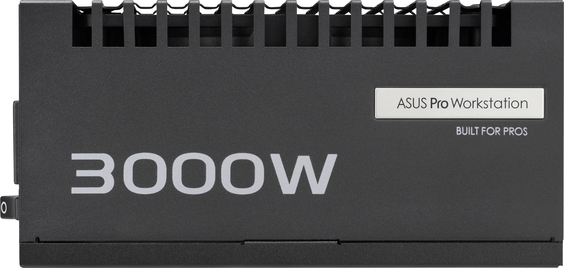 Netzteil 'ASUS Pro Workstation 3000W' mit schwarzem Kühlkörper, mit der Aufschrift 'Entwickelt für Profis.'