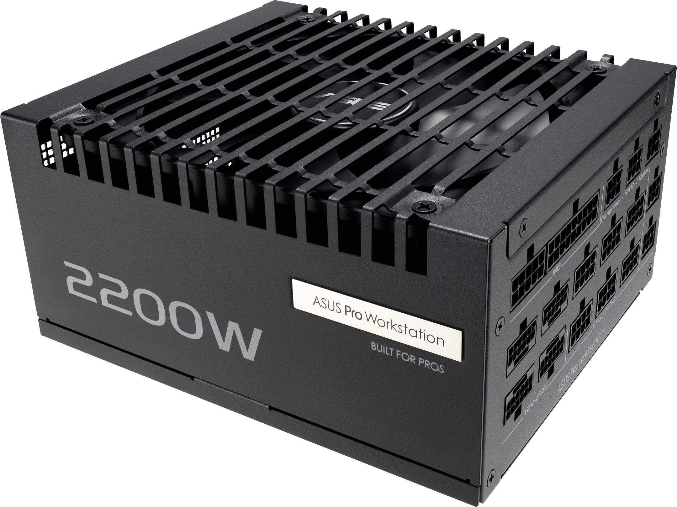ASUS Pro Workstation Netzteil mit 2200W Leistung, ausgestattet mit mehreren Anschlüssen, entwickelt für Hochleistungsrechnen und professionelle Anwendungen.