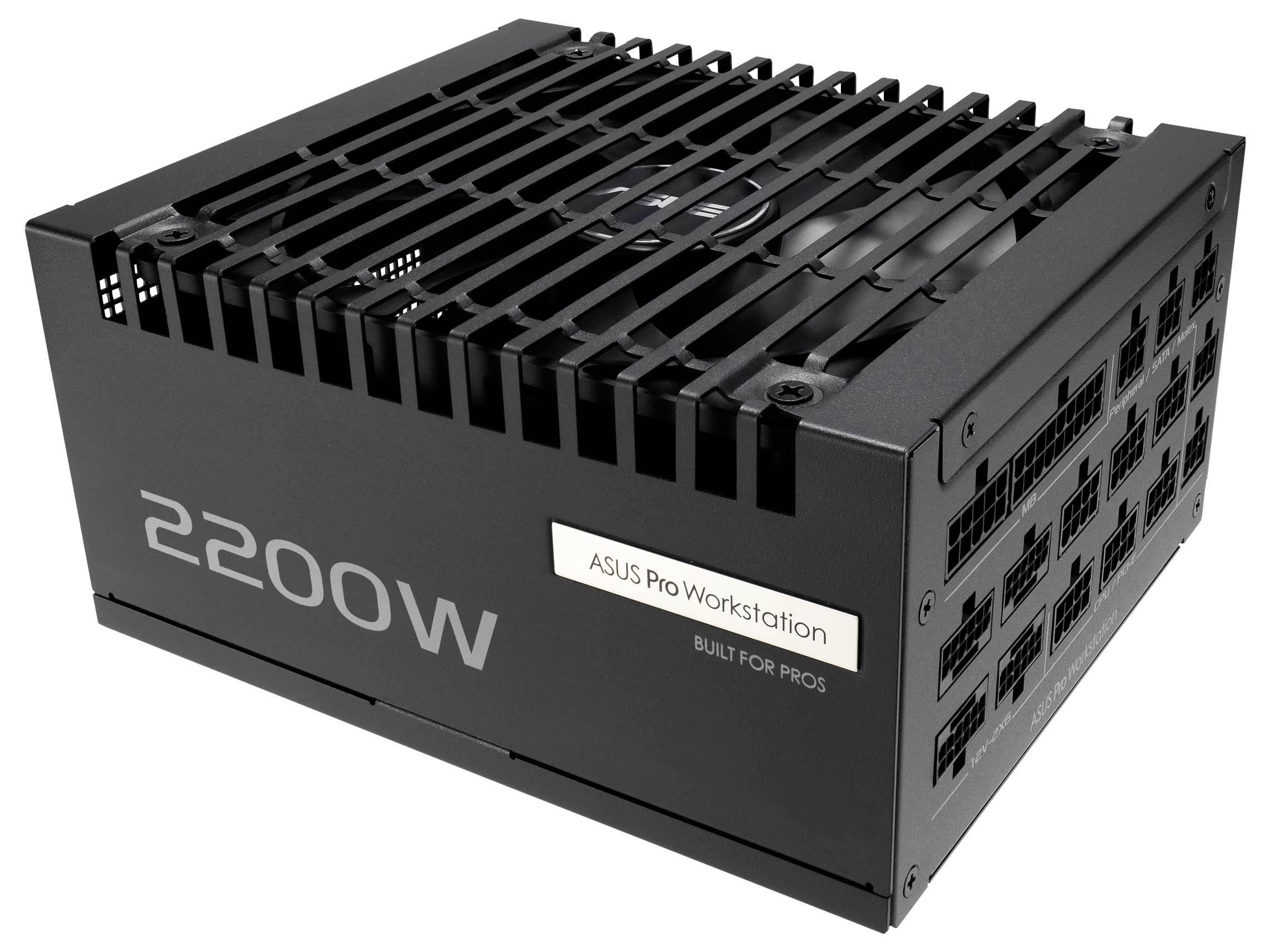 Eine schwarze ASUS Pro Workstation Netzteileinheit mit der Aufschrift '2200W' an der Seite, entwickelt für den professionellen Einsatz, mit mehreren Anschlüssen.