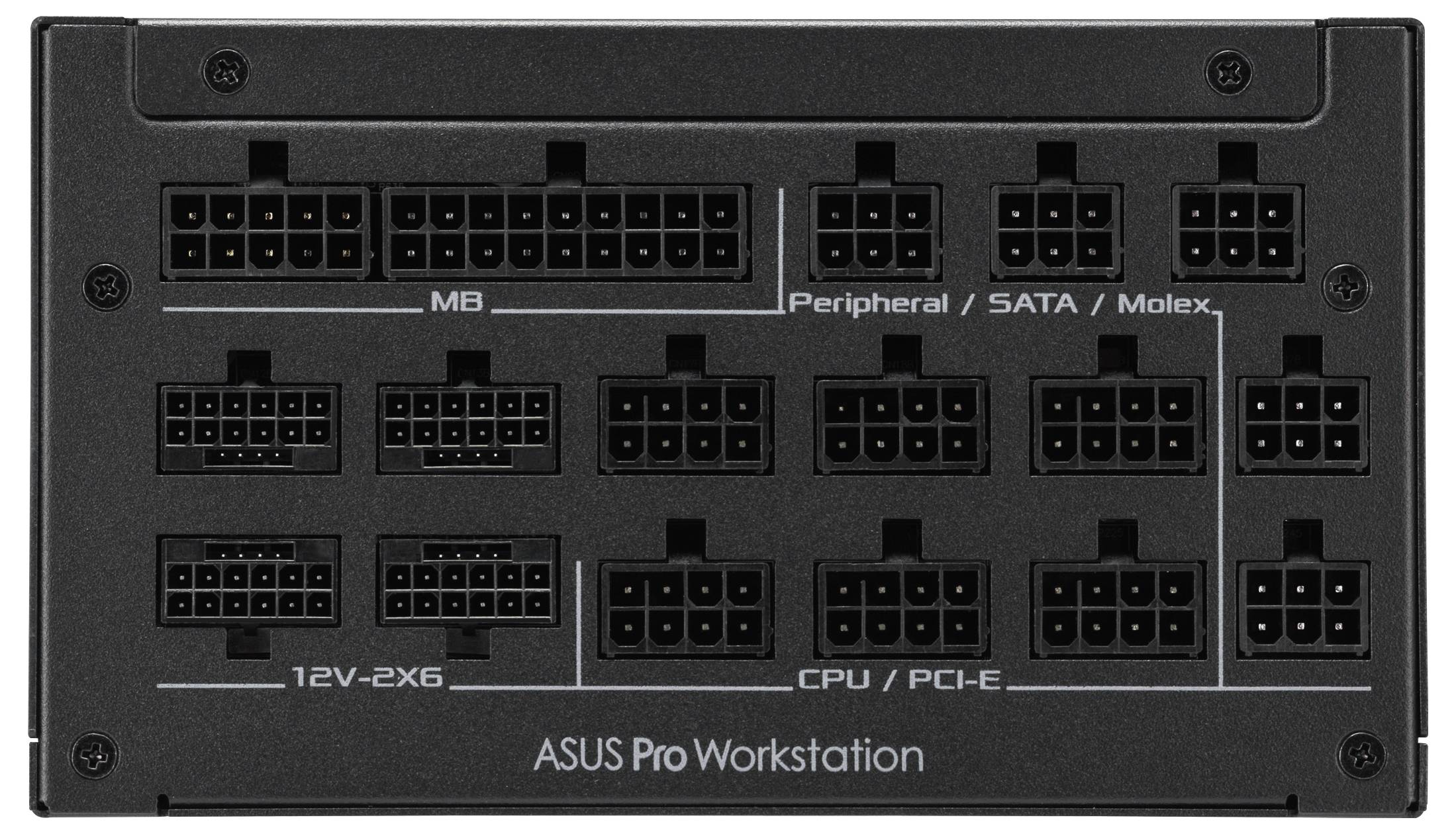 ASUS Pro Workstation Netzteil mit Anschlüssen, die als MB, Peripheral/SATA/Molex, 12V-2x6 und CPU/PCI-E für Konnektivität beschriftet sind.