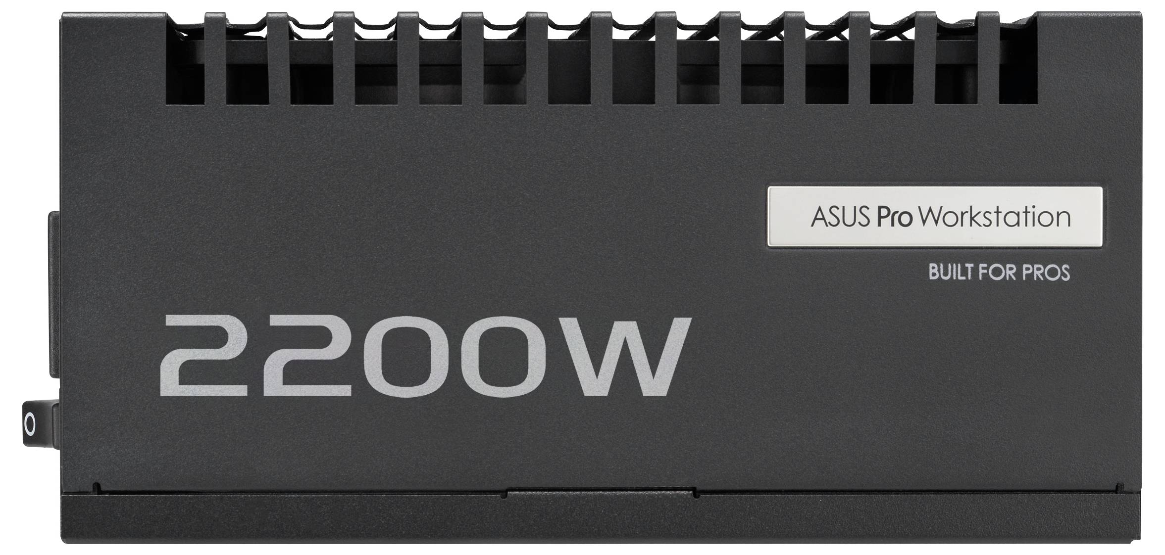 ASUS Pro Workstation Netzteil mit der Beschriftung '2200W', entwickelt für professionelle Workstations, in einem schwarzen Gehäuse dargestellt.