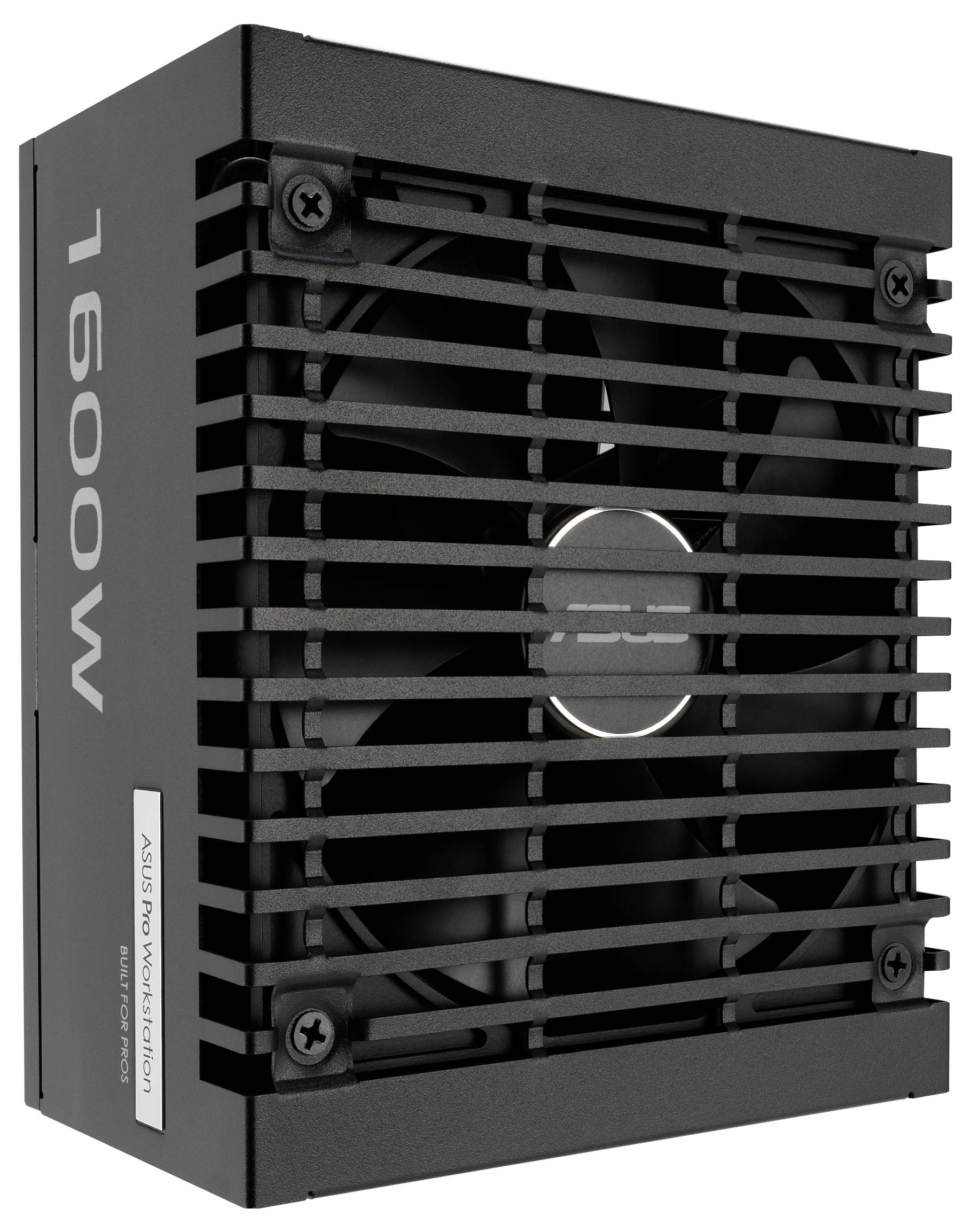 Ein schwarzes Asus 1600W Netzteil mit einem großen Kühlventilator und einem Schutzgitter, das auf einer Seite sichtbar ist.