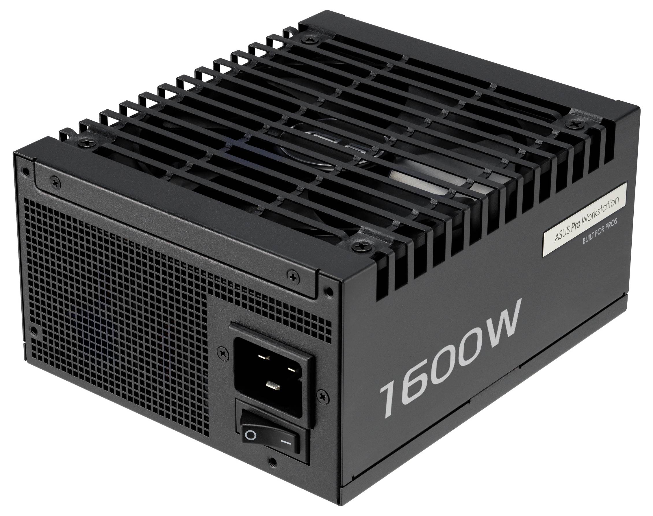 „Eine schwarze Computer-Netzteileinheit mit der Beschriftung 1600W, ausgestattet mit Lüftungsschlitzen und einem Gitterdesign, mit sichtbaren Stromeingangsanschlüssen.