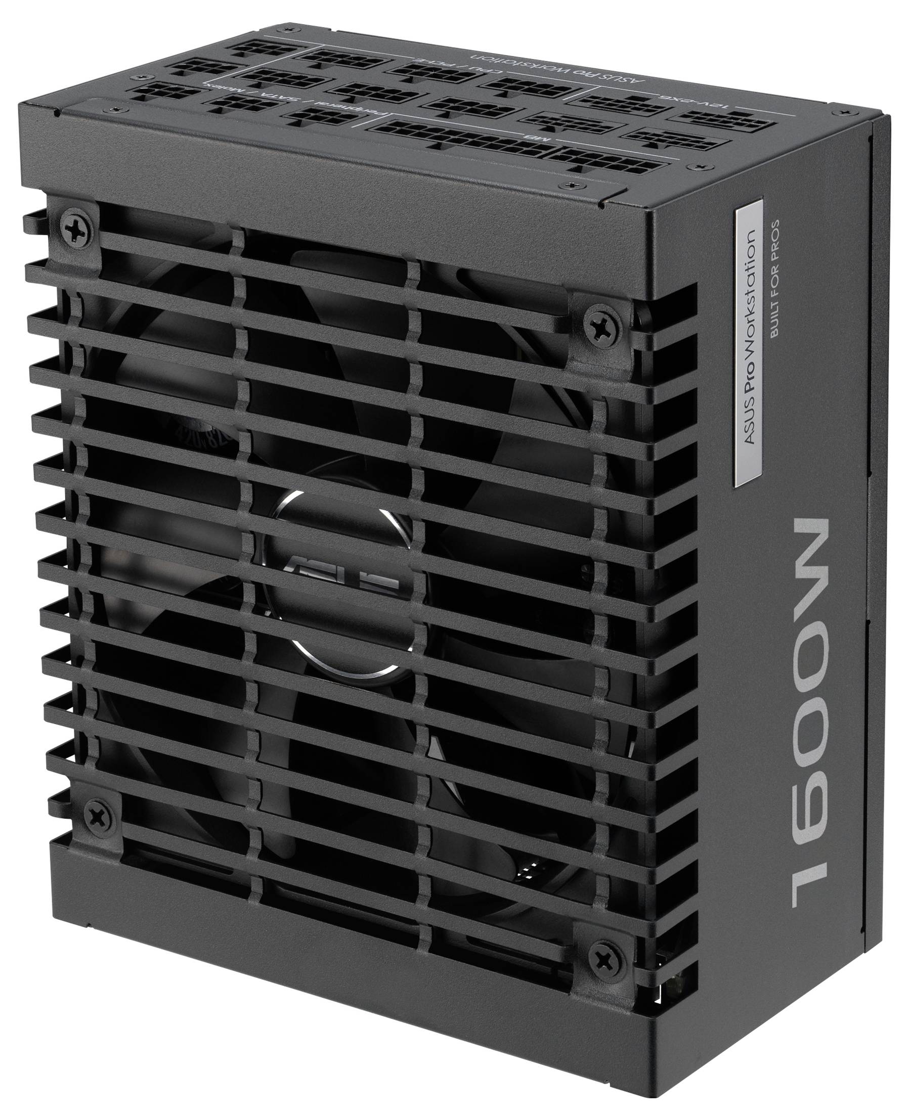 Eine schwarze 1600-Watt-Netzteileinheit mit einem Kühlventilator und mehreren Ausgabeanschlüssen oben.