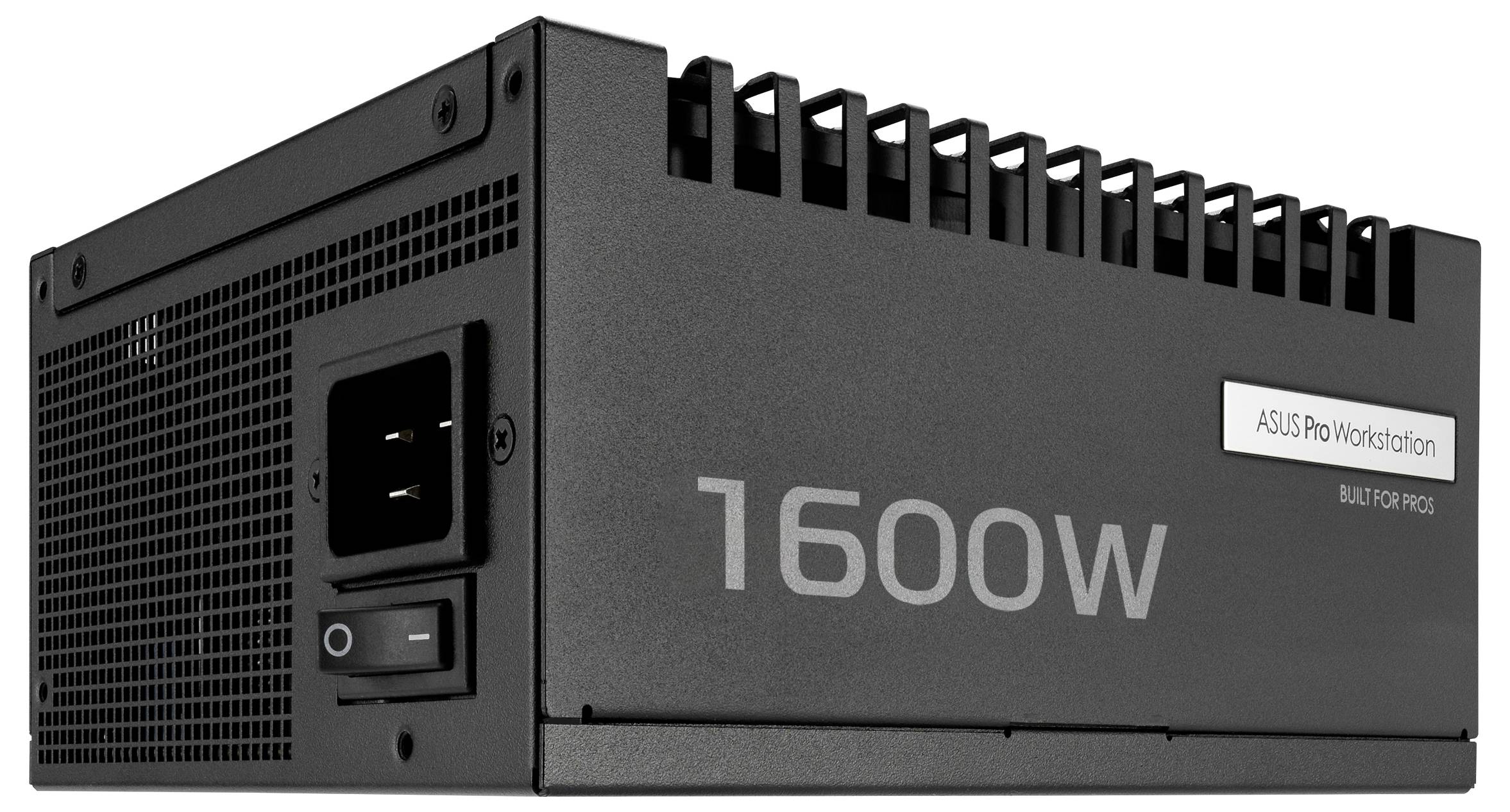 ASUS Pro Workstation Netzteil mit 1600W, ausgestattet mit einer Kühlöffnung und Hauptschalter, speziell für High-Performance-Computing-Anforderungen entwickelt.