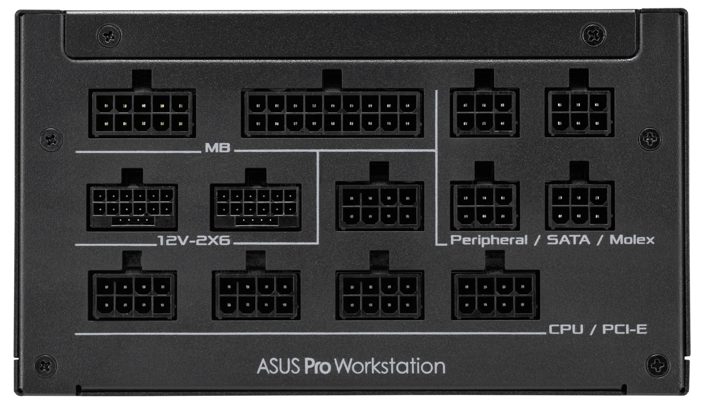 Ein Netzteil mit mehreren Anschlüssen, gekennzeichnet für Mainboard, 12V-2X6, Peripherie/SATA/Molex und CPU/PCI-E, mit der Markenbezeichnung 'ASUS Pro Workstation'.