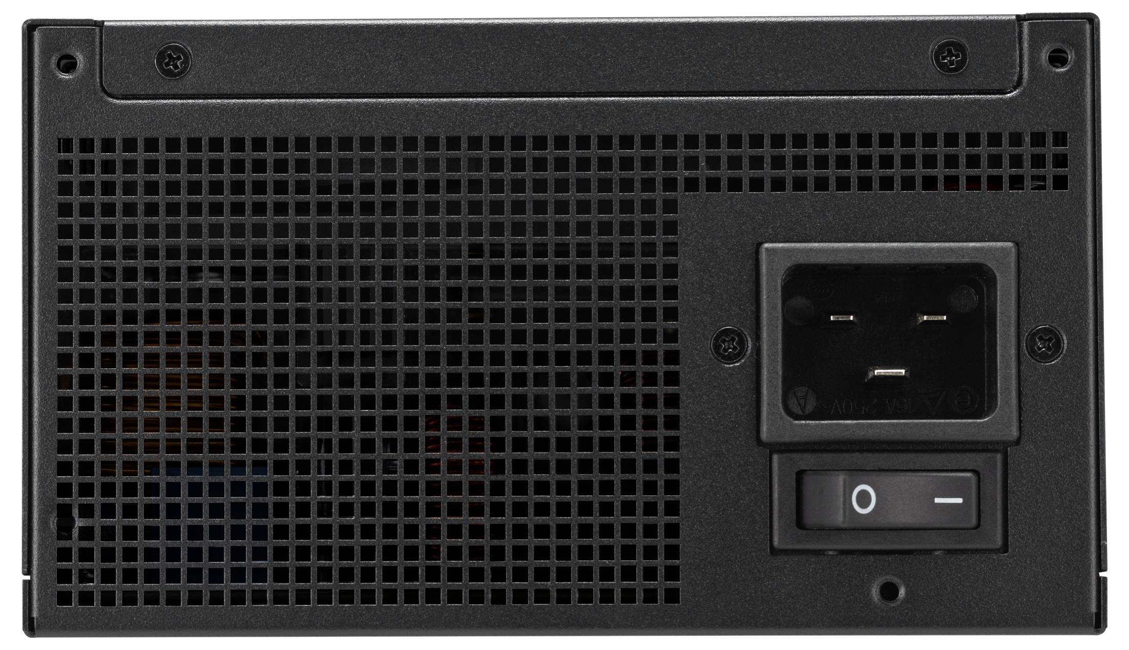 Das Bild zeigt die Rückseite eines Computer-Netzteils mit einem belüfteten Gitter, einer Stromsteckdose und einem Ein-/Ausschalter.