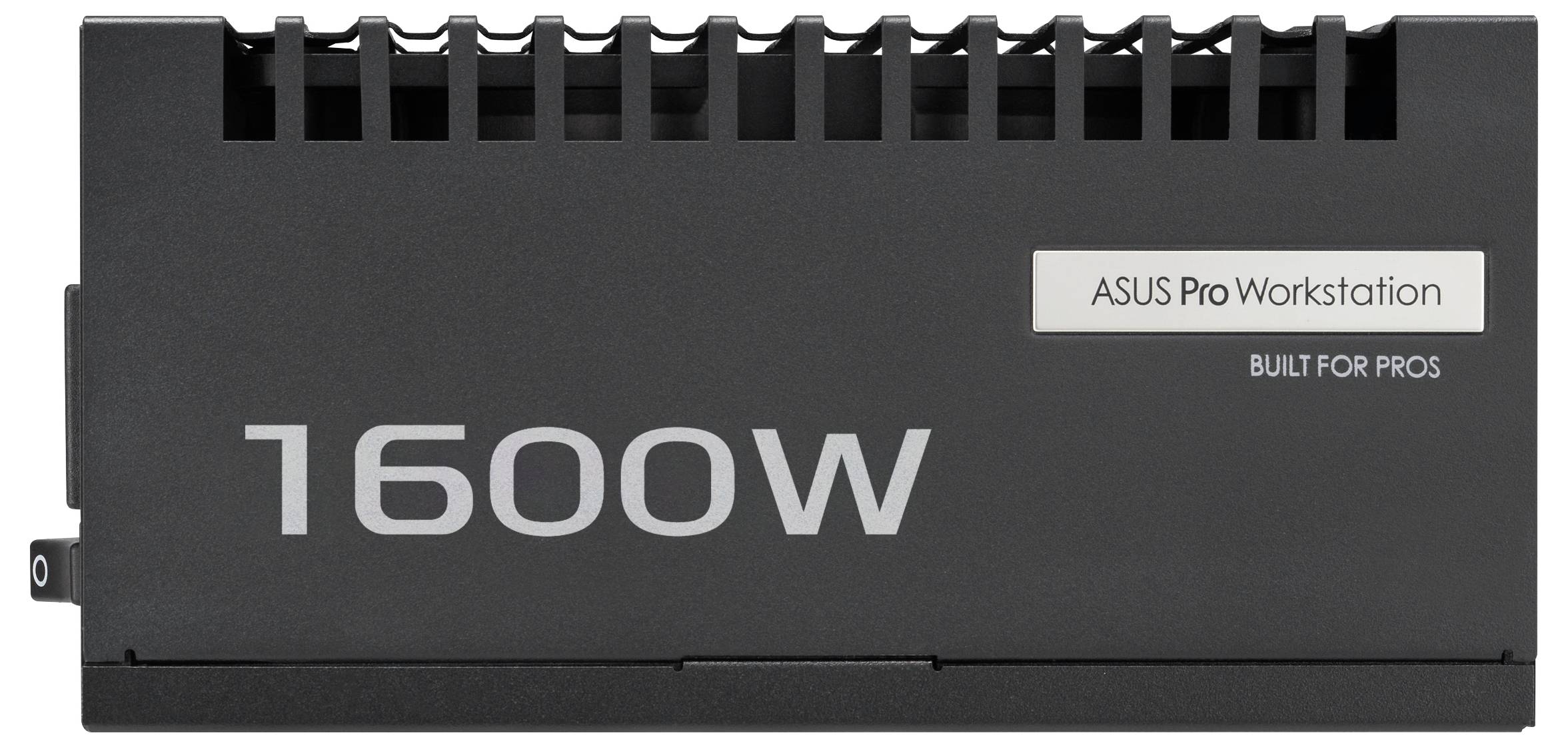ASUS Pro Workstation 1600W Netzteil mit 'Für Profis entwickelt' Etikett, mit belüfteter Konstruktion für verbesserte Kühlung.