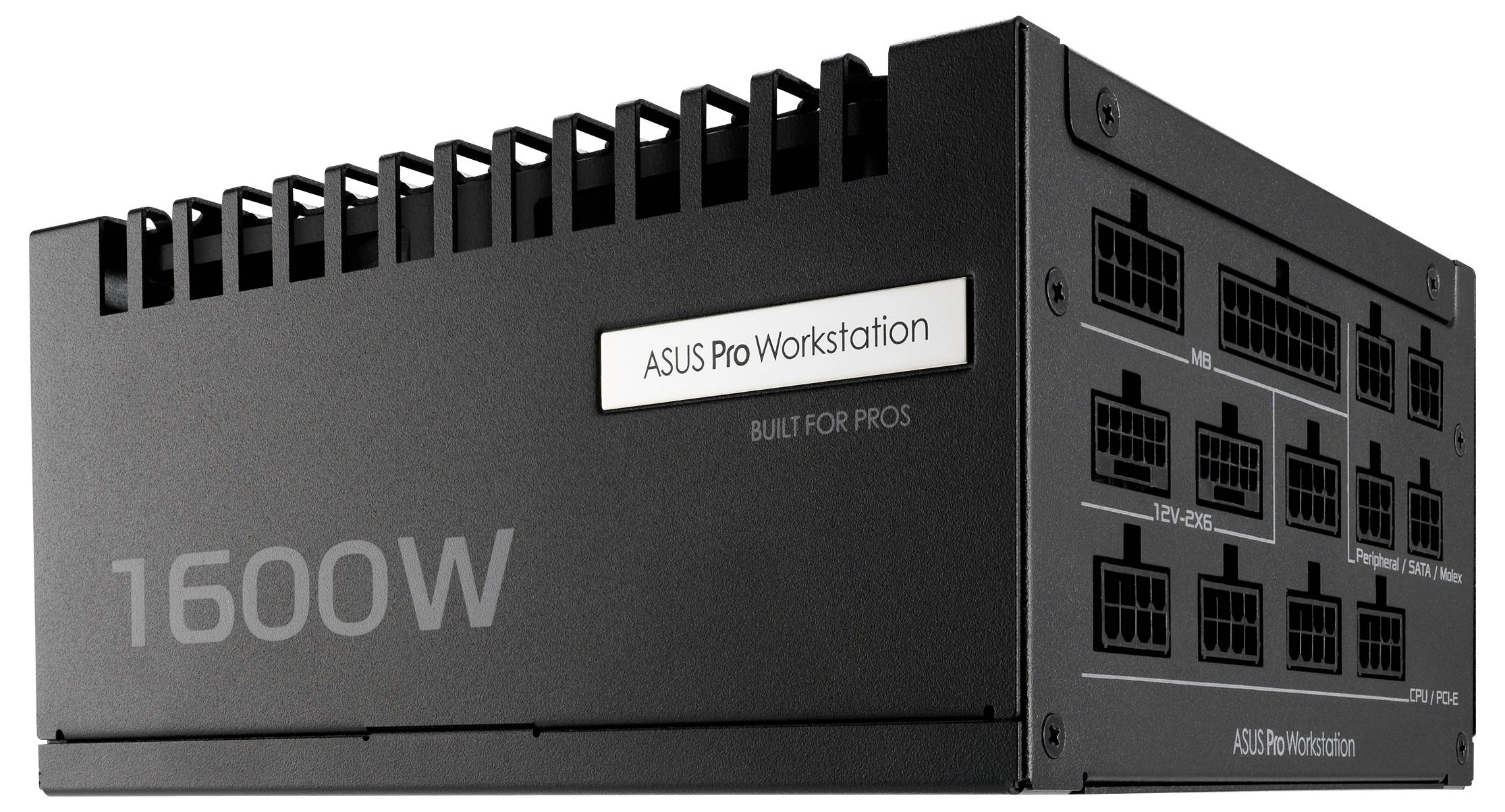 ASUS Pro Workstation Netzteil mit 1600W Leistung, mehreren Anschlussports, gekennzeichnet mit 'ENTWICKELT FÜR PROFIS'.