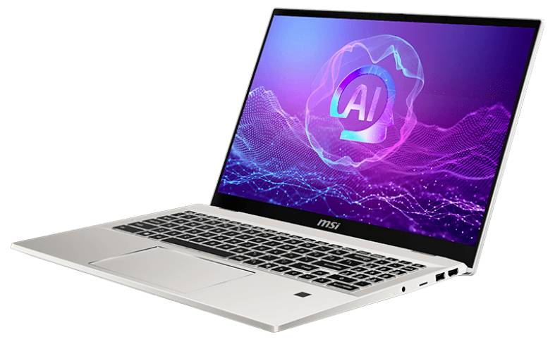 Ein silberner Laptop, der eine KI-Grafik auf dem Bildschirm zeigt, mit einem stilisierten 'KI'-Logo inmitten eines rosa und lila digitalen Wellendesigns.