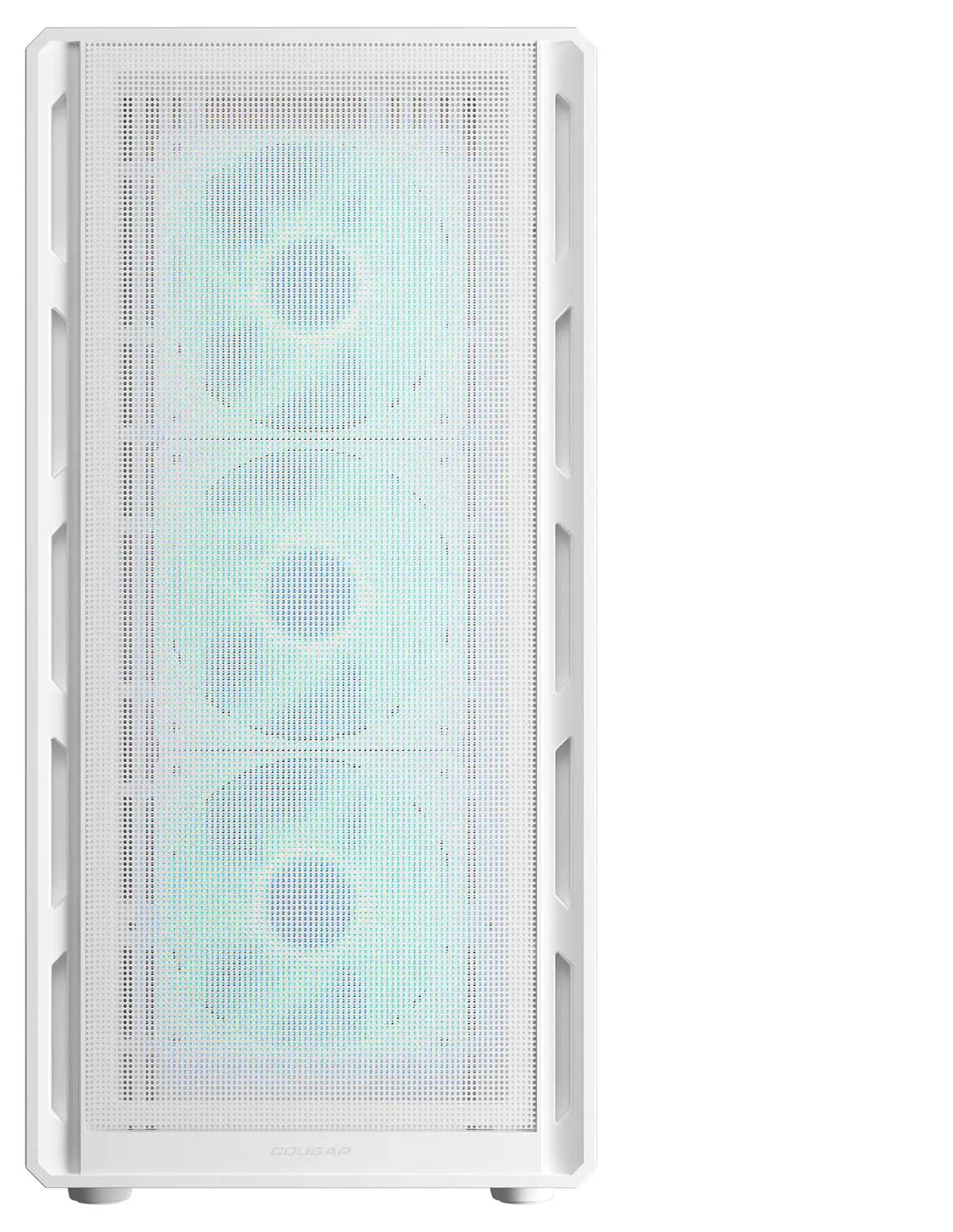 Ein weißer Computerturm mit drei beleuchteten Kühlventilatoren hinter einem Gitterfront-Panel, die blaues Licht ausstrahlen.