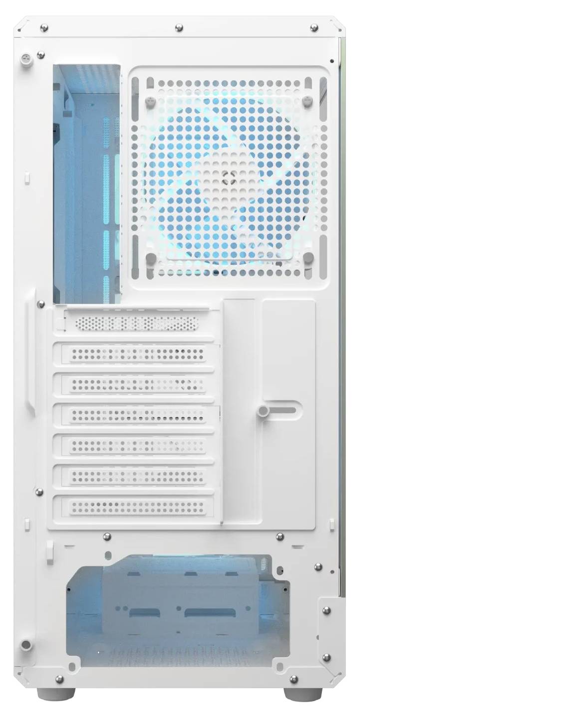 Ein weißes Computergehäuse mit einem großen Heckventilator, mehreren Erweiterungssteckplätzen und einem Seitenpanel, das einen blauen Innenraum zeigt.