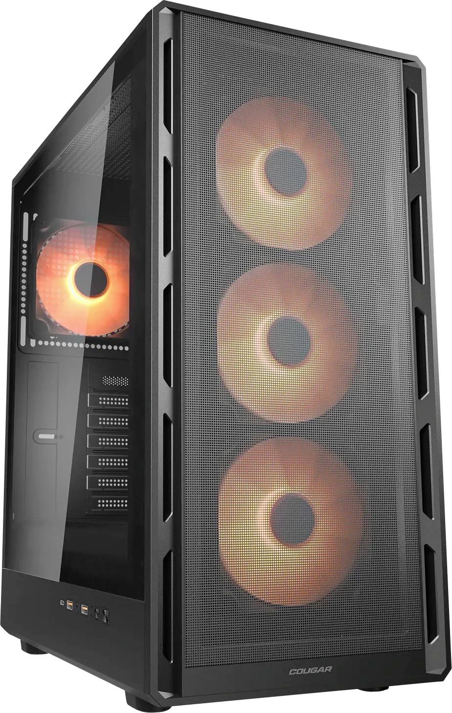 Ein schwarzes Computergehäuse mit einer transparenten Seitenscheibe, ausgestattet mit vier orange beleuchteten Kühlventilatoren, drei an der Vorderseite und einer an der Rückseite.