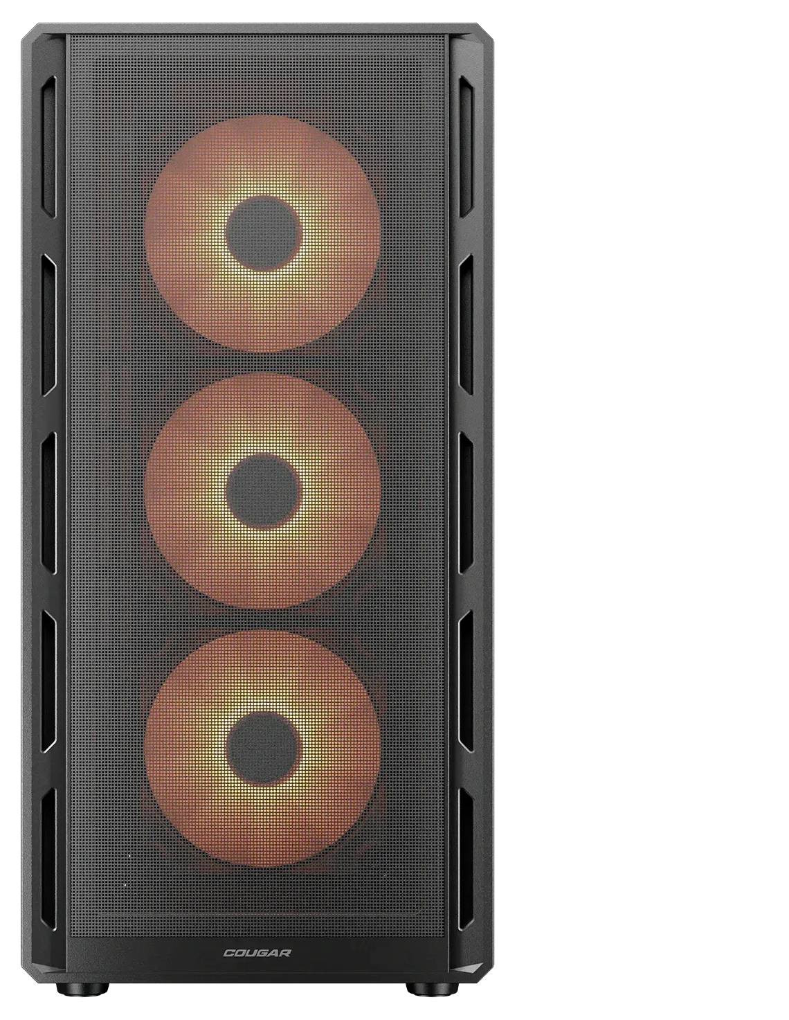 Ein Computergehäuse mit drei frontal angeordneten, beleuchteten orangefarbenen Lüftern, die durch ein Metallgitter sichtbar sind.