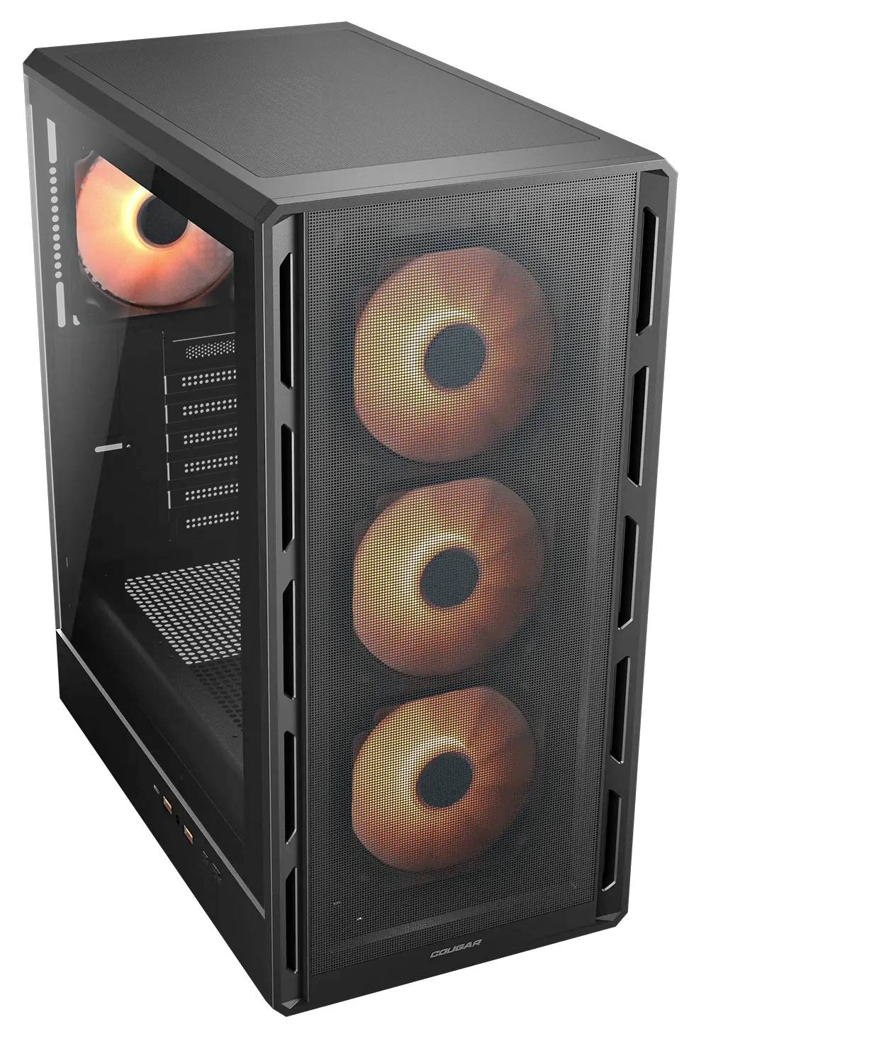 Ein schlanker schwarzer Desktop-Computerturm mit drei leuchtend orangefarbenen Lüftern, die an der Vorderseite und einem weiteren auf dem Rückpanel sichtbar sind, konzipiert zur Kühlung.