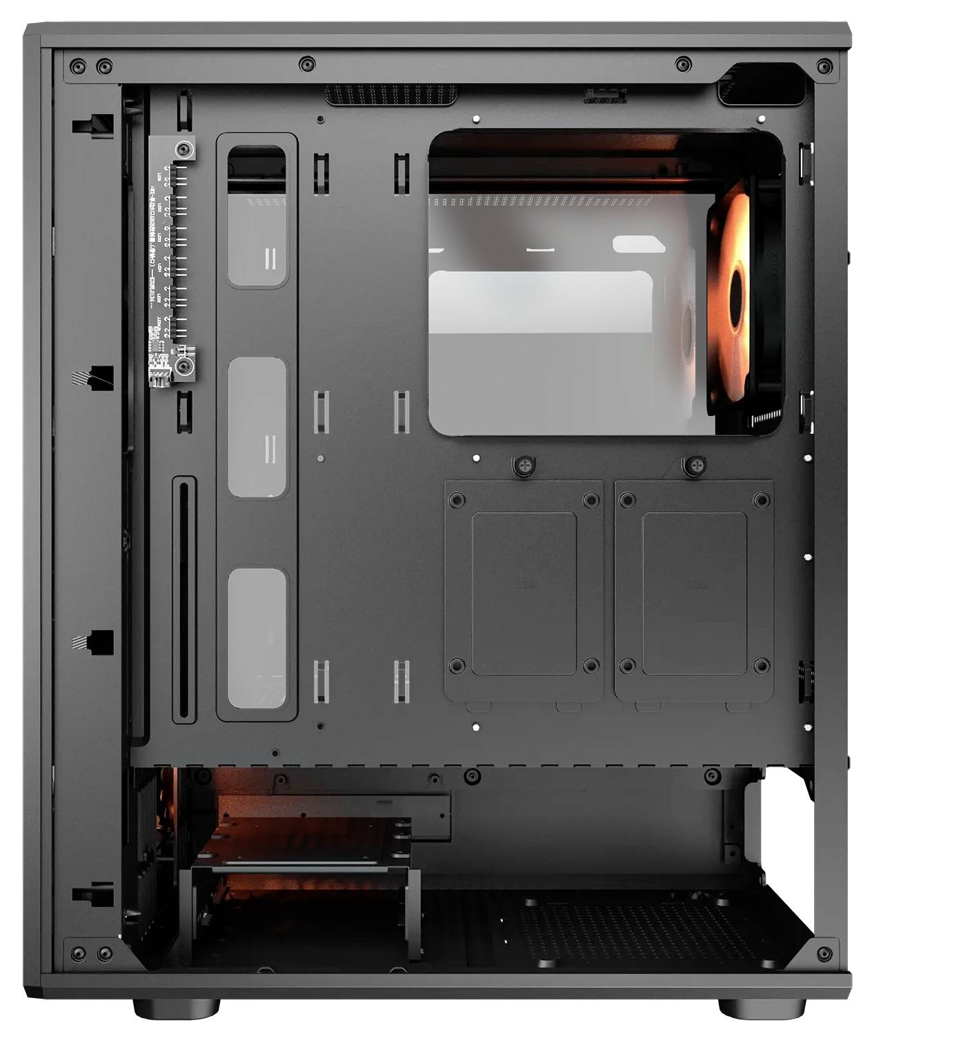 Ein Computergehäuse mit sichtbarem Innenraum, ausgestattet mit Lüftermontagehalterungen, Kabelmanagement-Schlitzen und Platz für Komponenten; Seitenpanel entfernt.
