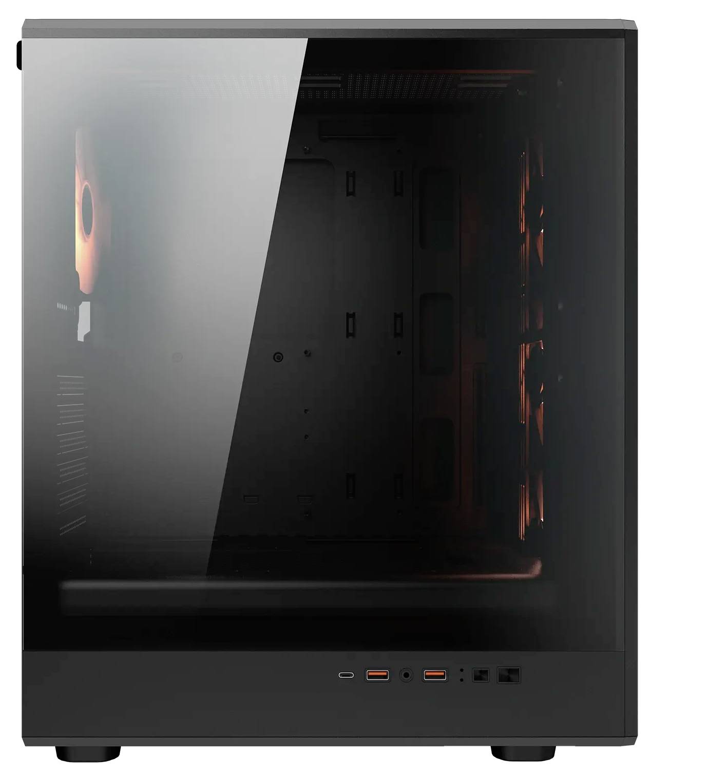 Ein schwarzes Computergehäuse mit einer transparenten Seitenscheibe, die ein leeres Innenleben zeigt, bereit für Komponenten, mit einigen sichtbaren Innenbeleuchtungen.