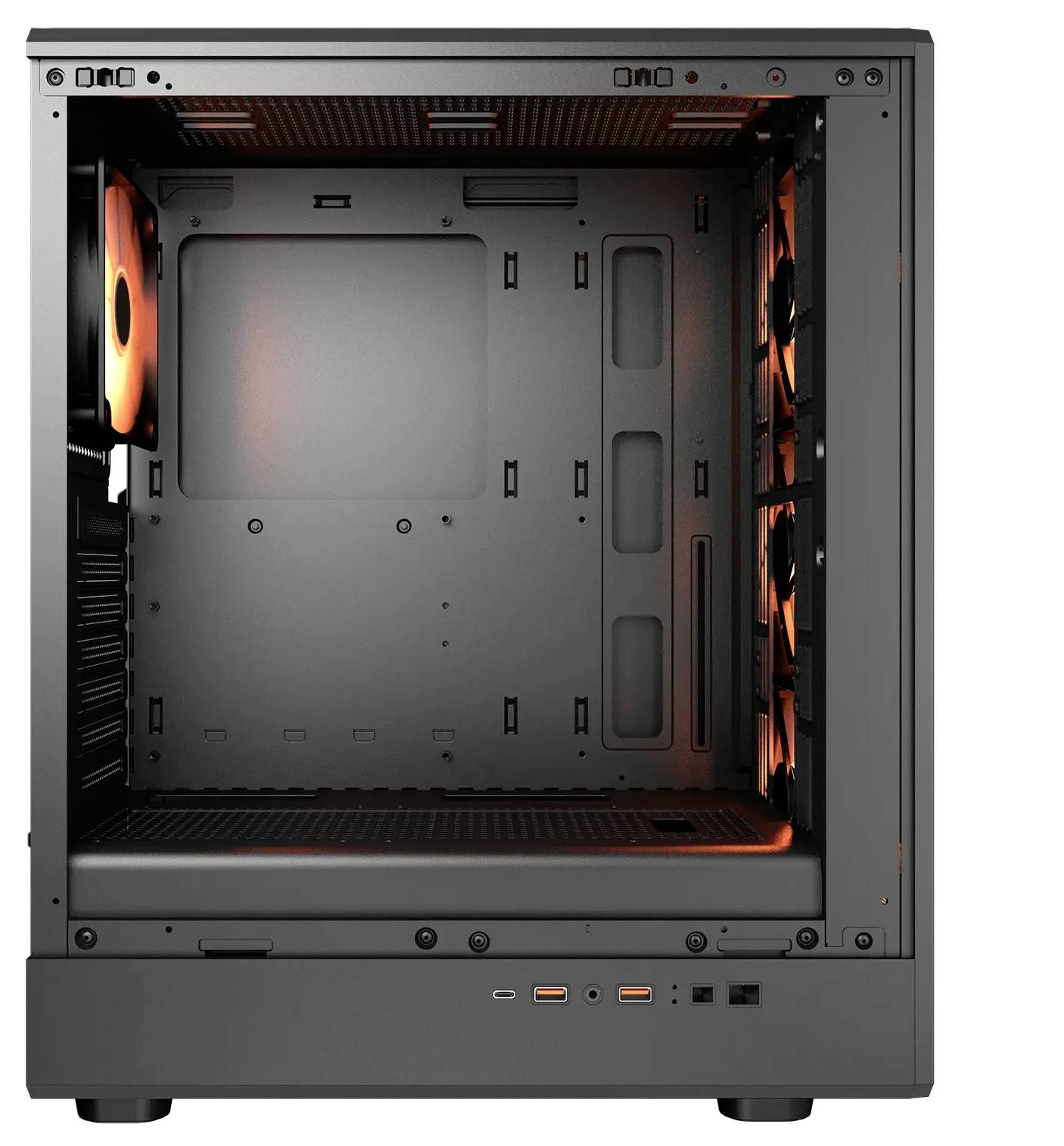 Ein schwarzes Computergehäuse mit sichtbaren Innenventilatoren, die ein orangefarbenes Leuchten ausstrahlen. Die Frontblende enthält USB-Anschlüsse und einen Einschaltknopf.