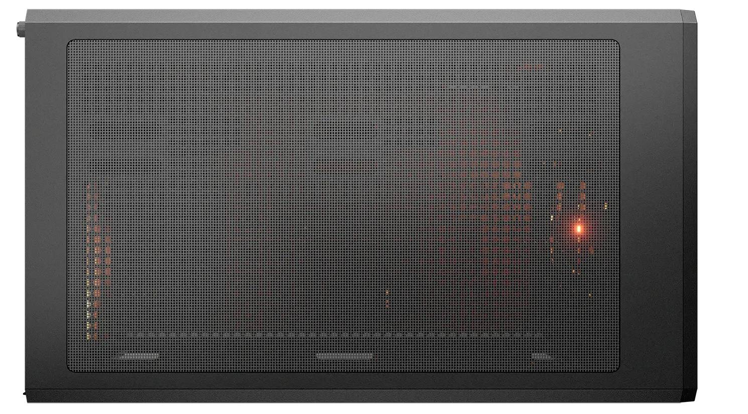 Ein flacher, rechteckiger Elektroheizer mit einem schwarzen Maschengitter an der Vorderseite, der durch ein orangefarbenes Glühen anzeigt, dass er eingeschaltet ist.