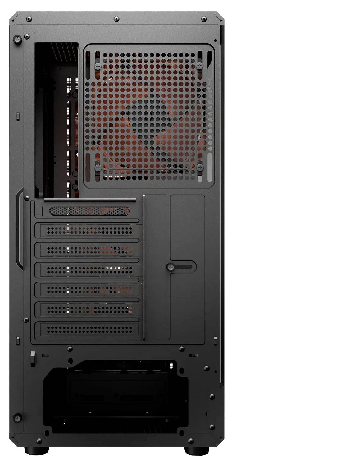 Ein schwarzes Computer-Tower-Gehäuse mit mehreren Belüftungsbereichen und Erweiterungssteckplätzen, von hinten betrachtet, das anpassbare Komponenten präsentiert.