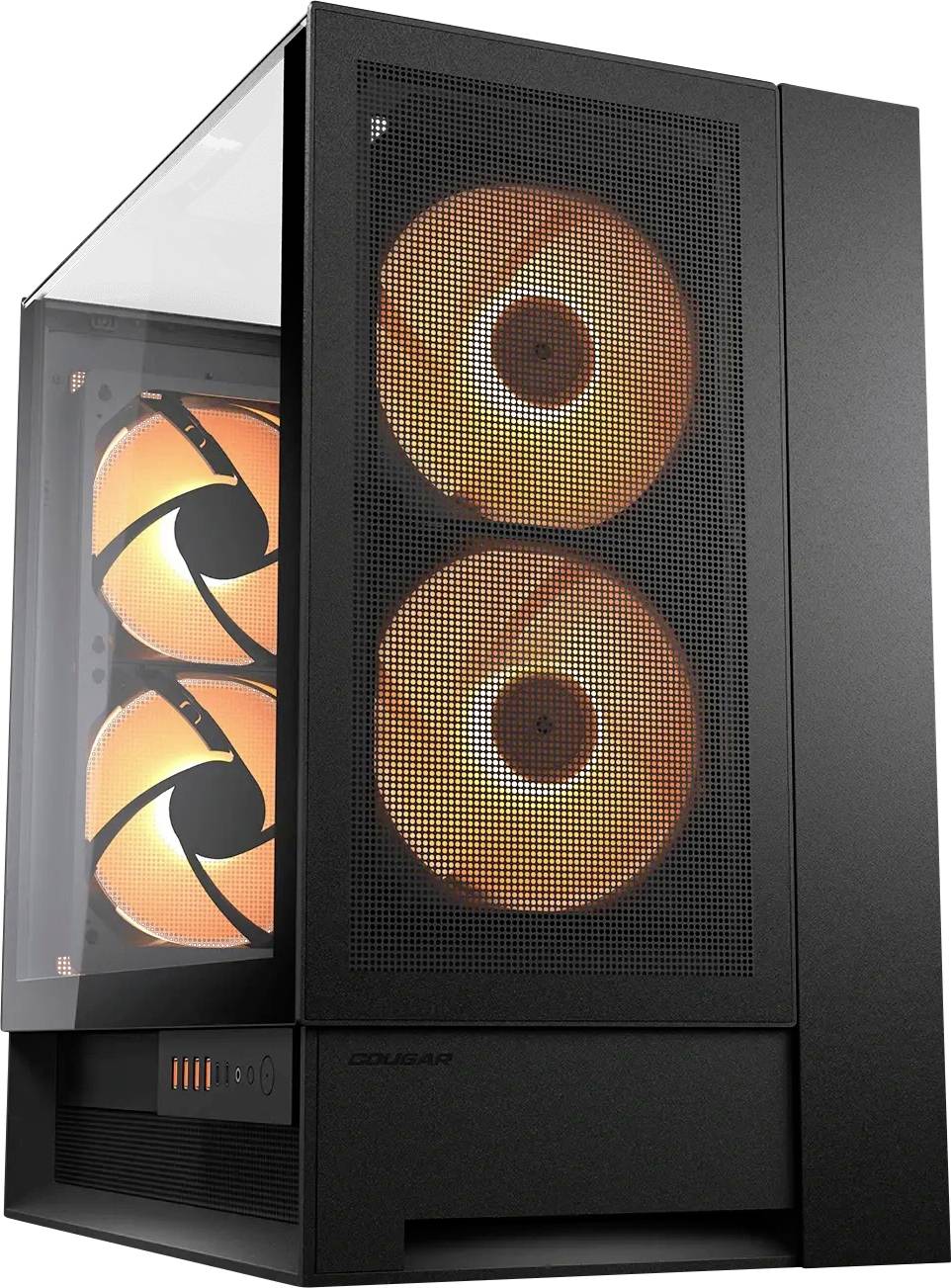 Ein schwarzer Computer-Tower mit transparentem Seitenpanel zeigt zwei beleuchtete orange Lüfter, was auf eine aktive Kühlung oder Leistung hindeutet.