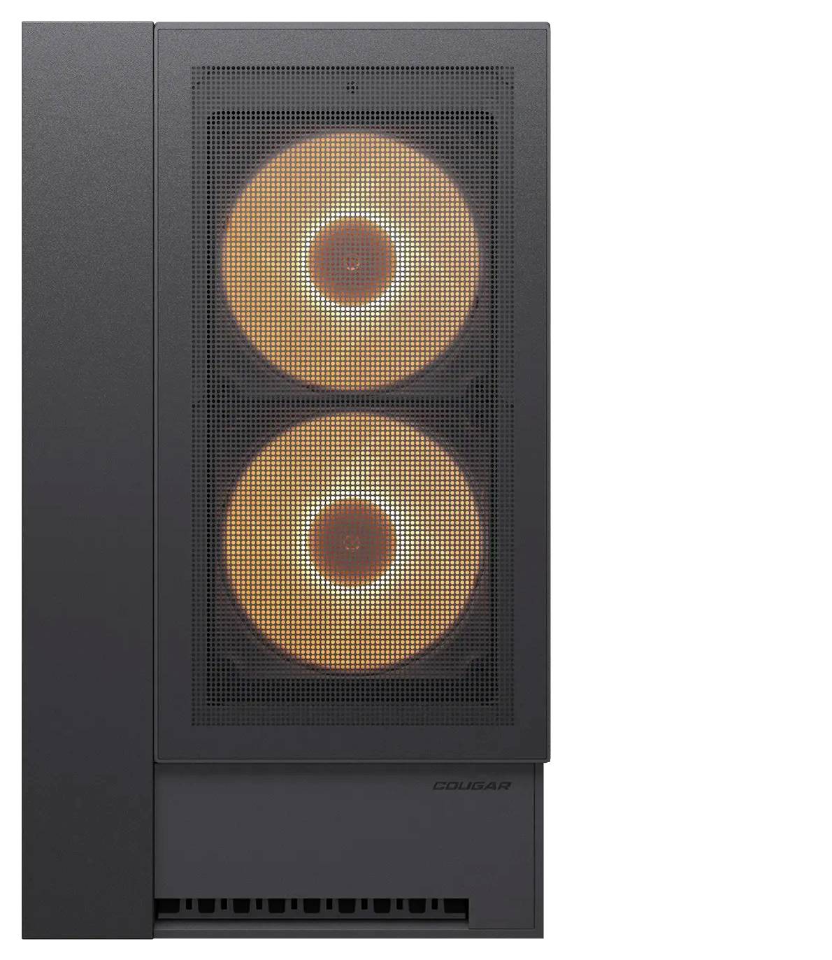 Ein Computergehäuse mit zwei sichtbaren, orangefarbenen Kühlventilatoren auf der Frontblende. Das Gehäuse ist dunkel und hat ein Gitterabdeckung vor den Lüftern.