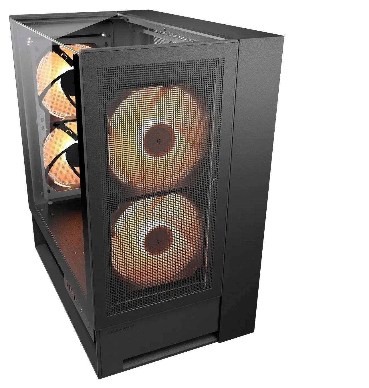 Ein schwarzes Computergehäuse mit einer transparenten Frontblende, die zwei große, beleuchtete Kühlventilatoren mit orangefarbener Beleuchtung im Inneren präsentiert.