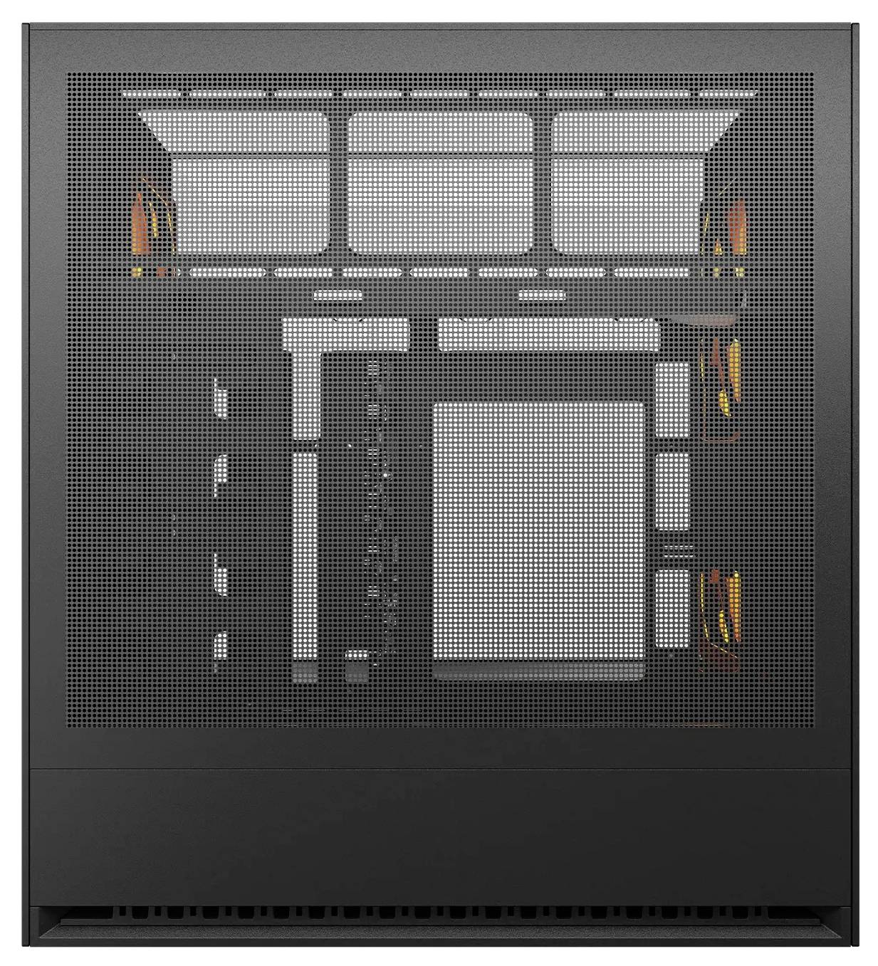 Schwarzes Computergehäuse mit einem Frontpanel aus Mesh, das interne Fächer und Kabelführungen zeigt. Seitenansicht hebt die organisierte Struktur hervor.