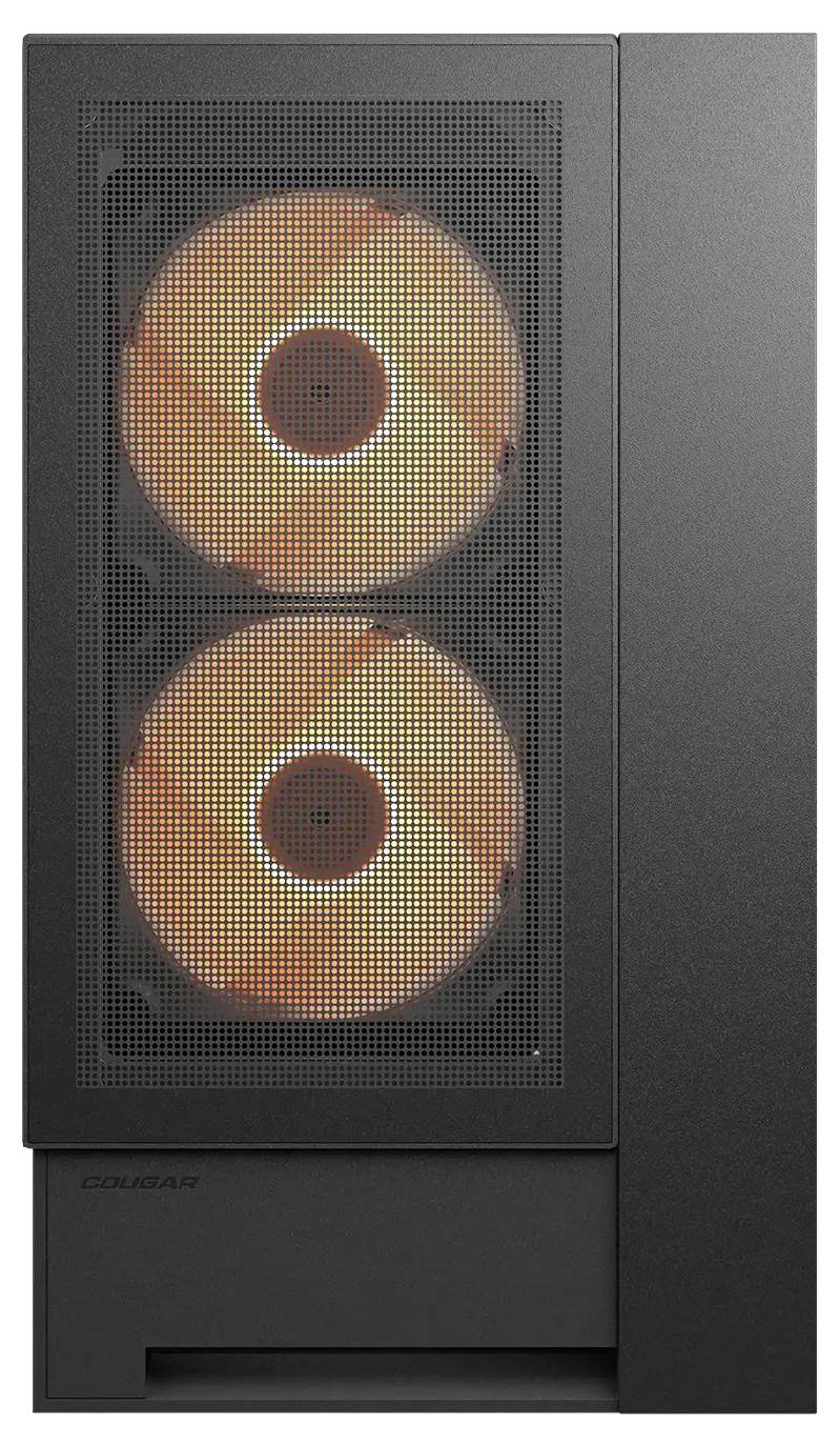 Ein schwarzes Computergehäuse mit einem Meshfront-Panel, das zwei große runde, orange beleuchtete Lüfter zeigt, die wahrscheinlich zur Kühlung dienen und vertikal positioniert sind.