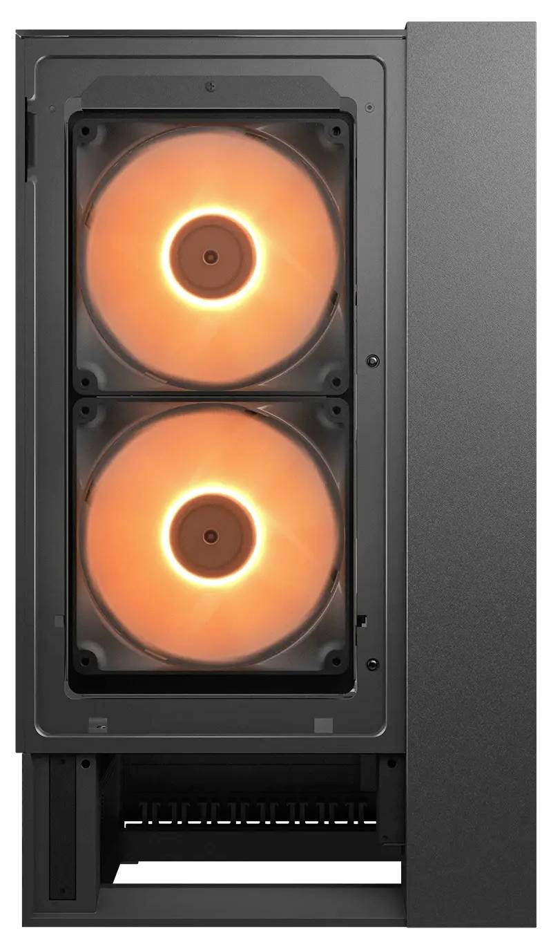 Ein Computergehäuse mit zwei leuchtend orangefarbenen Kühlventilatoren, die durch ein transparentes Panel an der Vorderseite sichtbar sind.