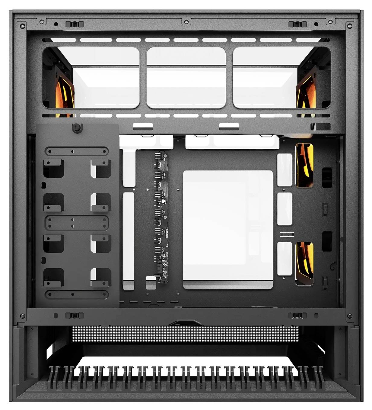 Ein schwarzes Computer-Gehäuseinnenleben mit mehreren Halterungen für Komponenten, sichtbaren Kabelmanagement-Kanälen und Lüftermontagevorrichtungen an den Seiten.