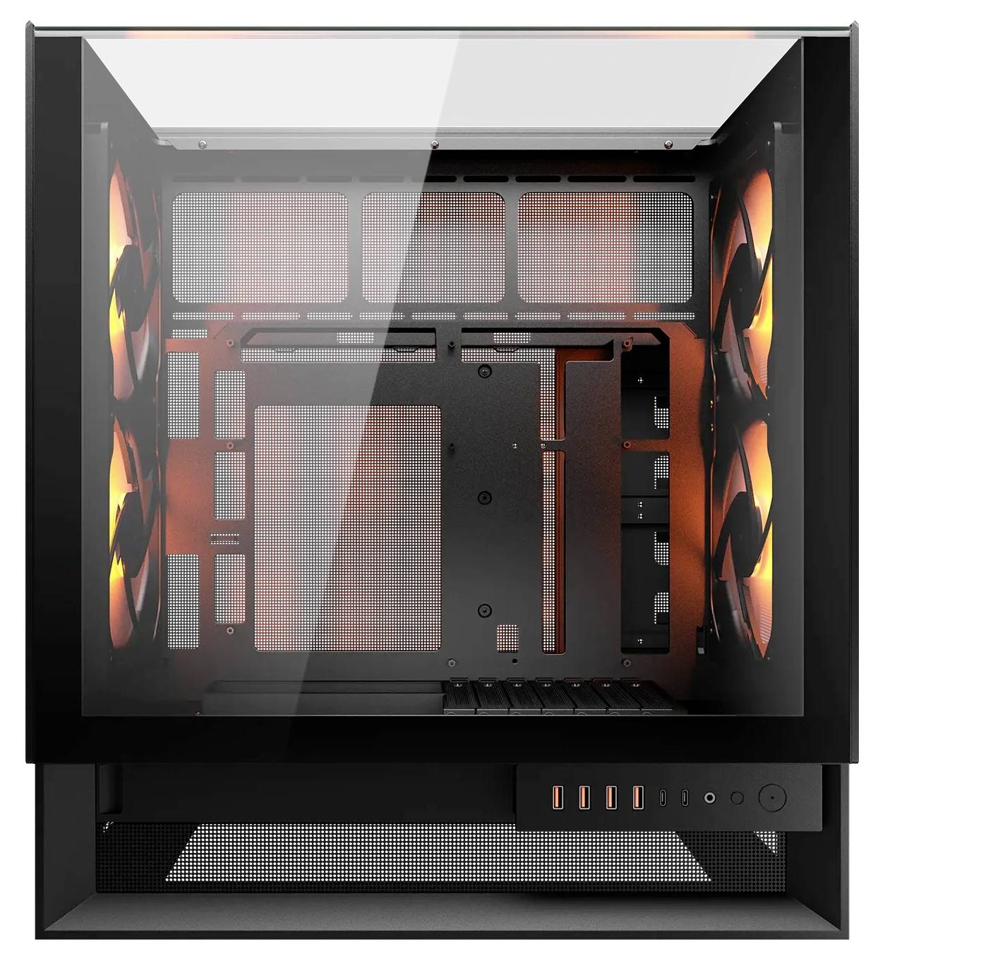 Ein Computergehäuse mit Glasscheibe präsentiert interne orange LED-Lüfter und einen geräumigen Innenraum, konzipiert für individuelle PC-Builds.