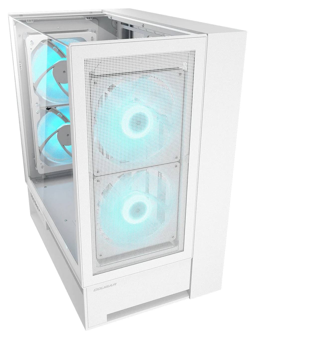 Ein weißes Computergehäuse mit transparenten Seitenpanels, die zwei große, leuchtend blaue Kühlventilatoren an der Frontseite präsentieren.