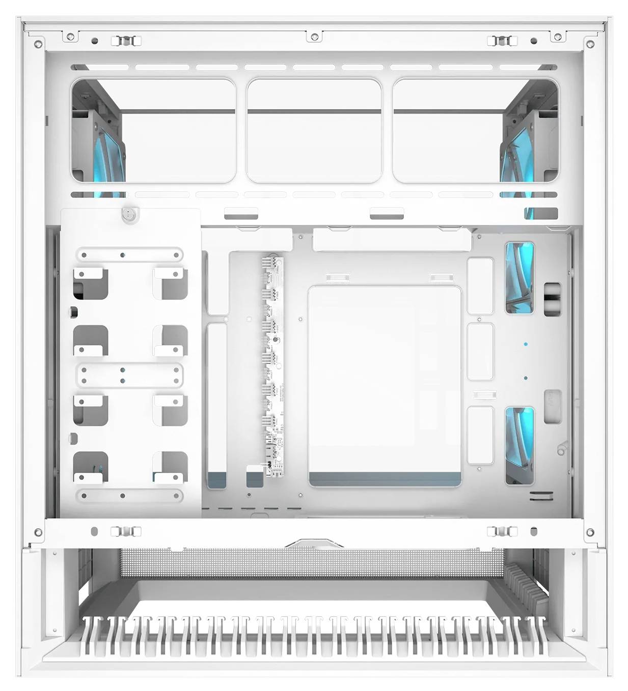 Offenes, leeres Computergehäuse mit sichtbaren Schächten und Montagebereichen für Hardwarekomponenten; Gehäuse verfügt über blaue LED-Lüfter an der Rückseite.