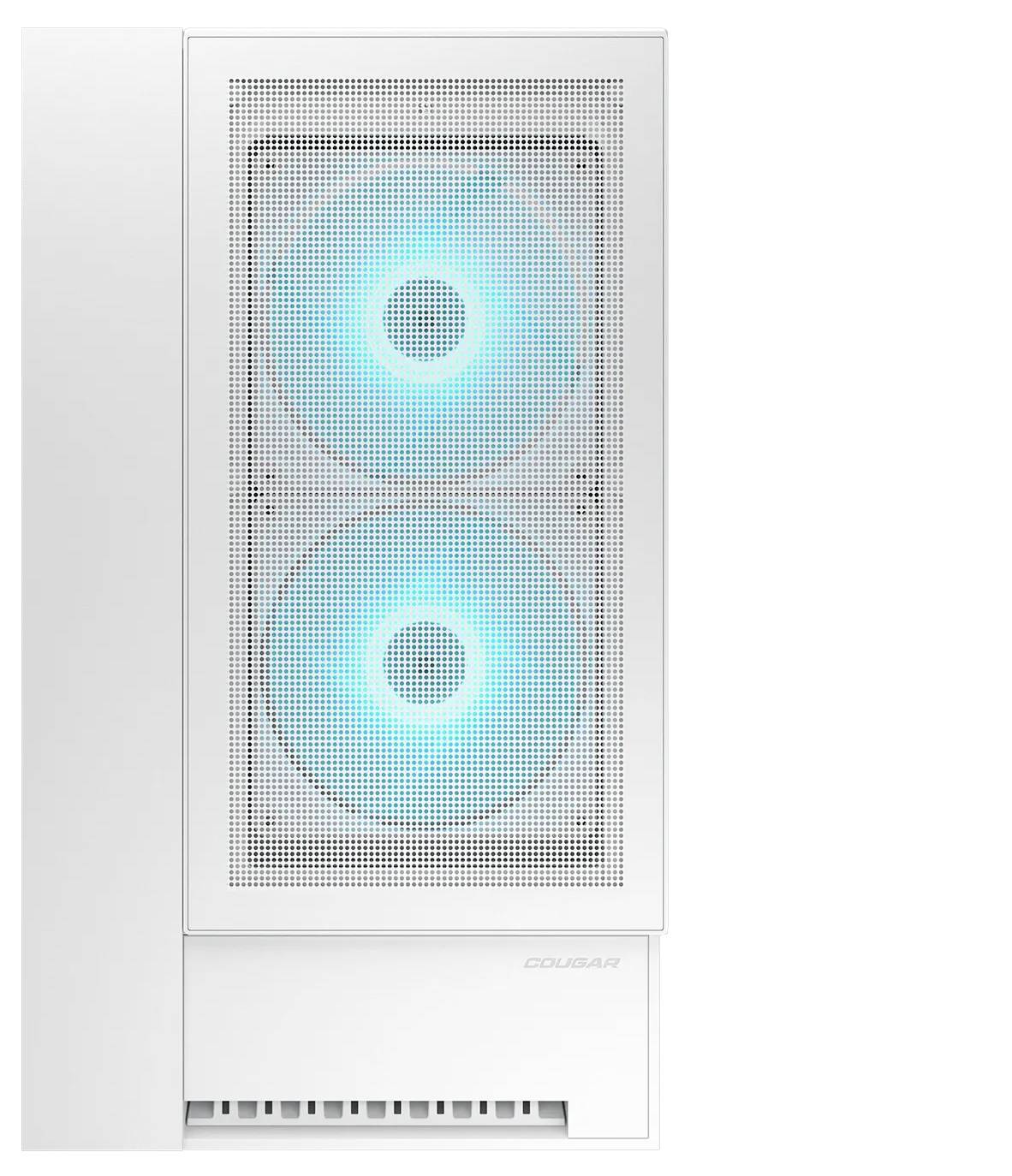 Ein weißer Computertower mit einem Frontpanel aus Gitter zeigt zwei leuchtend blaue LED-Lüfter im Inneren.