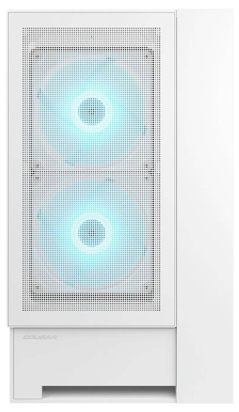Ein weißes Computergehäuse mit zwei sichtbaren Kühlventilatoren, die mit blauen LED-Lichtern leuchten und eine effiziente Belüftung sowie ein modernes Design andeuten.