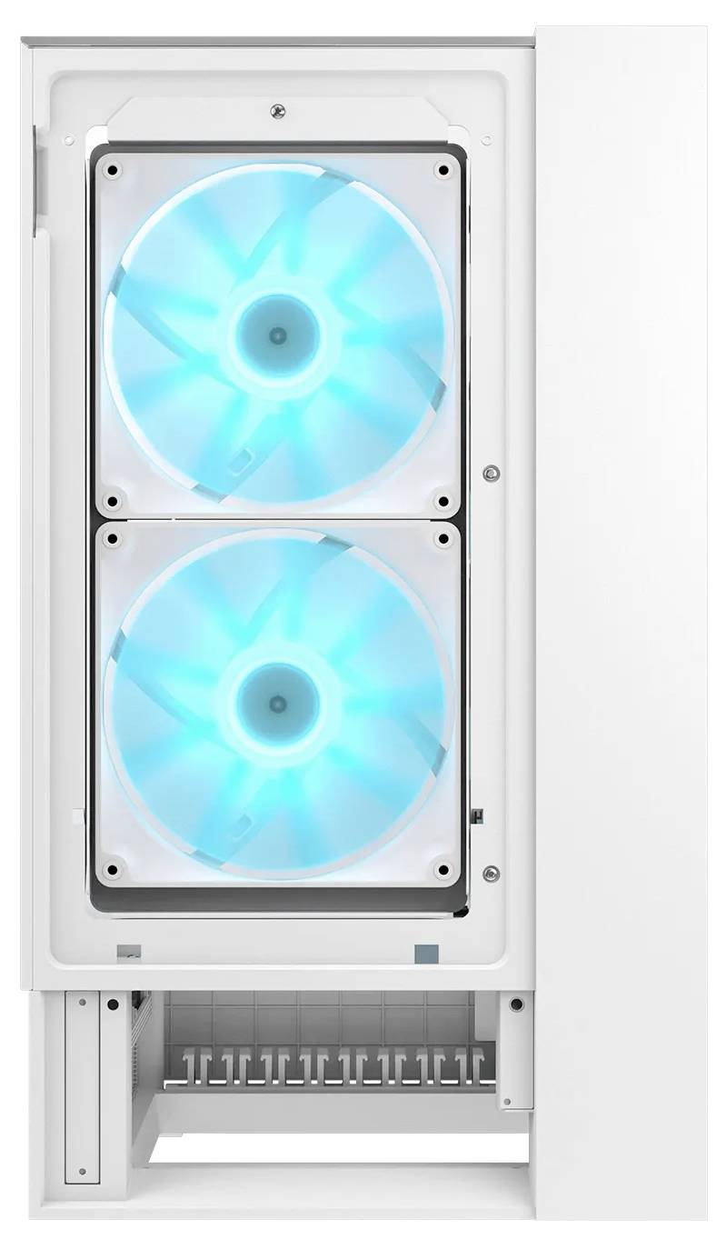 Ein weißes Computergehäuse mit zwei großen beleuchteten Kühlventilatoren, die blau leuchten und durch das offene Seitenpanel sichtbar sind.