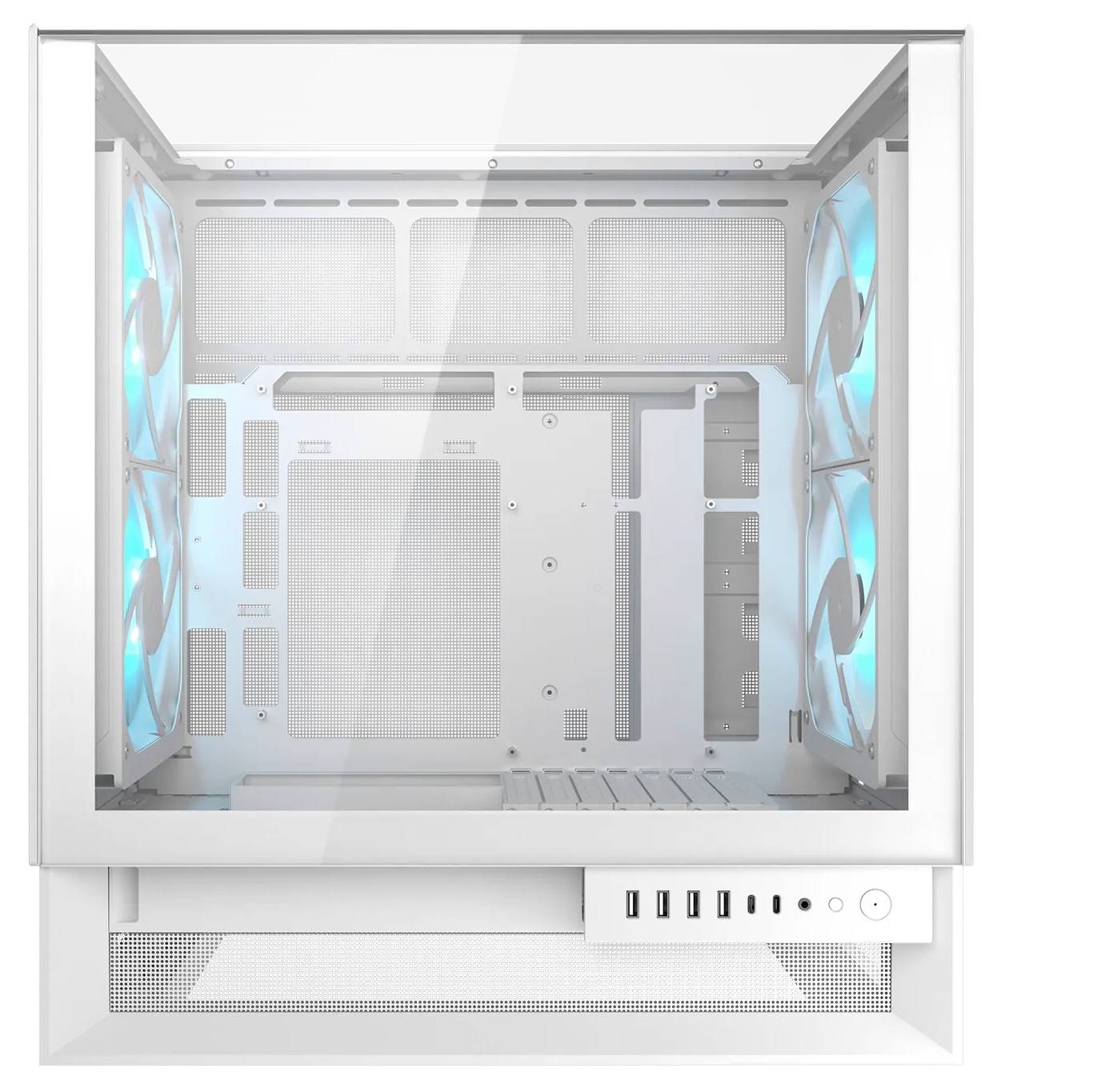 Ein weißes Computergehäuse mit transparenter Front- und Seitenscheibe, das mehrere Kühlventilatoren mit blauen LED-Lichtern im Inneren präsentiert.