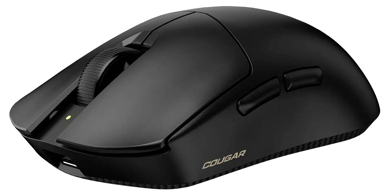 Eine kabellose schwarze Computermaus mit Scrollrad, zwei seitlichen Tasten und einem USB-Ladeanschluss.