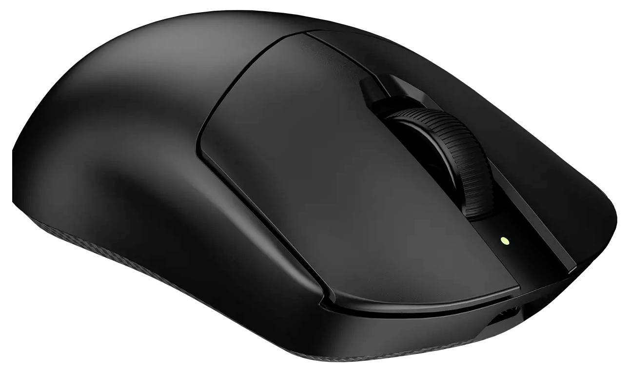 Eine schwarze kabellose Computermaus mit einem Scrollrad ist seitlich positioniert und zeigt ein kleines Anzeigelicht auf der Oberseite.