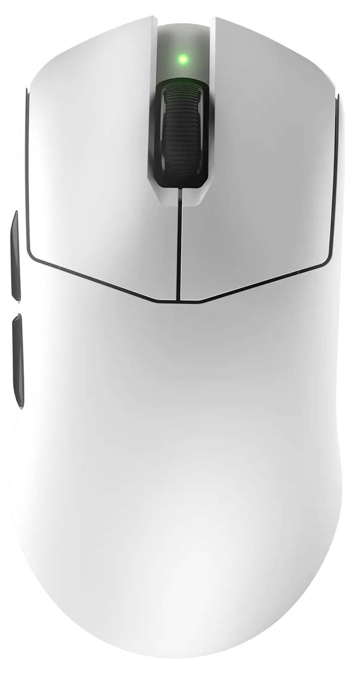 Eine weiße kabellose Computermaus mit schwarzen Tasten und einem grün leuchtenden Indikator neben dem Scrollrad, von oben betrachtet.