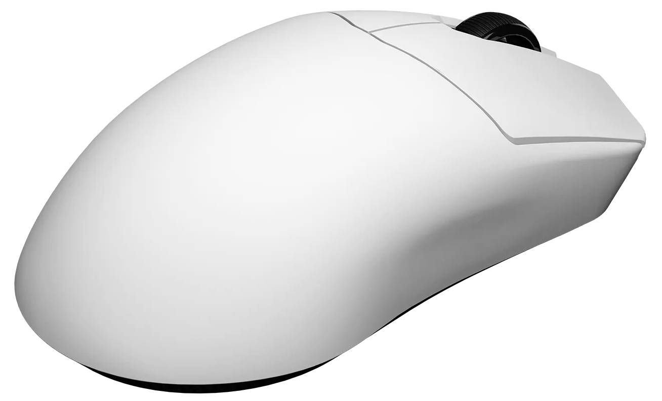 Eine weiße Computermaus mit elegantem, minimalistischem Design, ausgestattet mit einer auffälligen Scrollrad und zwei Tasten, vor einem schlichten Hintergrund.