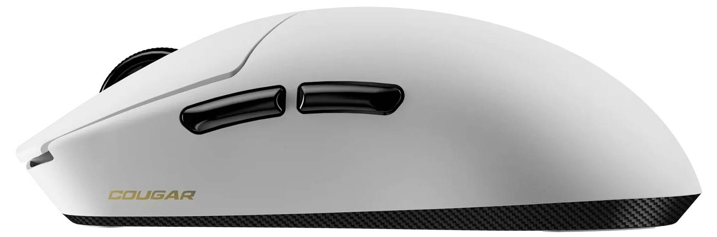Eine weiße Computermaus mit schwarzen Seitentasten und einem Scrollrad, auf deren Seite der Markenname 'Cougar' in Gold zu sehen ist.