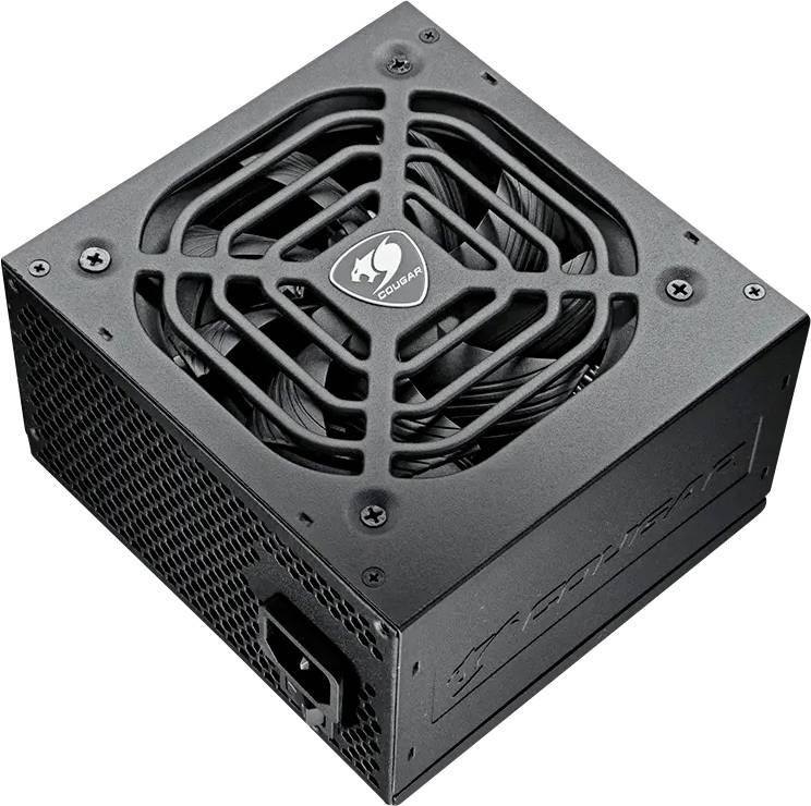 Eine schwarze Computer-Netzteileinheit mit einem Lüfter auf der Oberseite und einem Logo in der Mitte. Die Seite weist Lüftungslöcher und eine Stromanschlussbuchse auf.