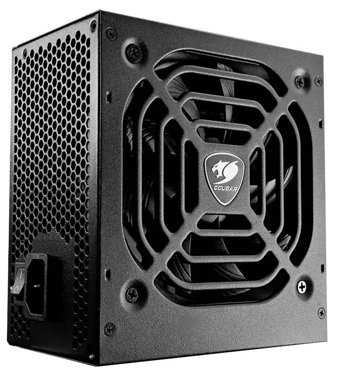 Eine schwarze Computer-Netzteileinheit mit belüfteter Konstruktion, einem sichtbaren Kühlventilator und einem Logo an der Seite.