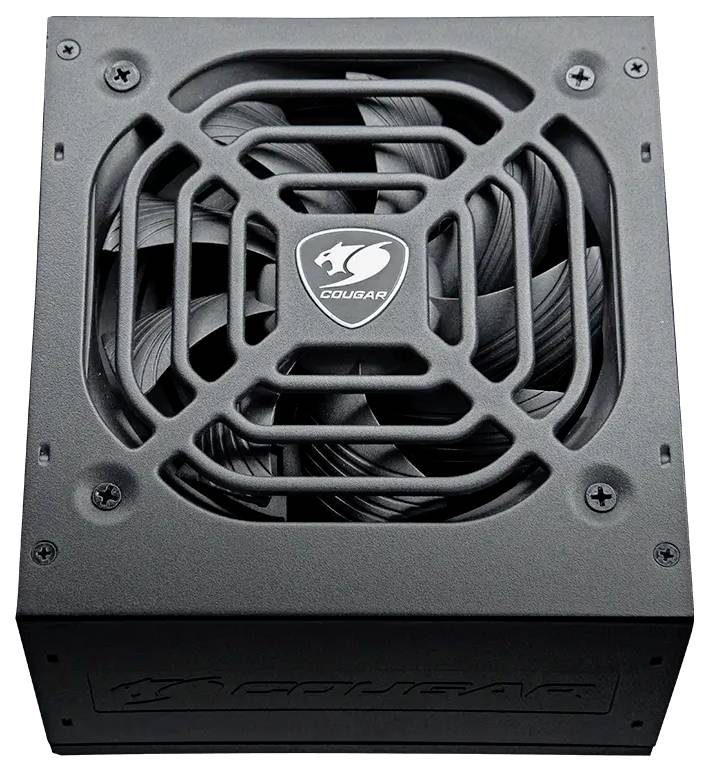 Eine schwarze Computer-Netzteileinheit mit einem Lüfter und dem Logo der Marke 'Cougar' auf der Oberseite.